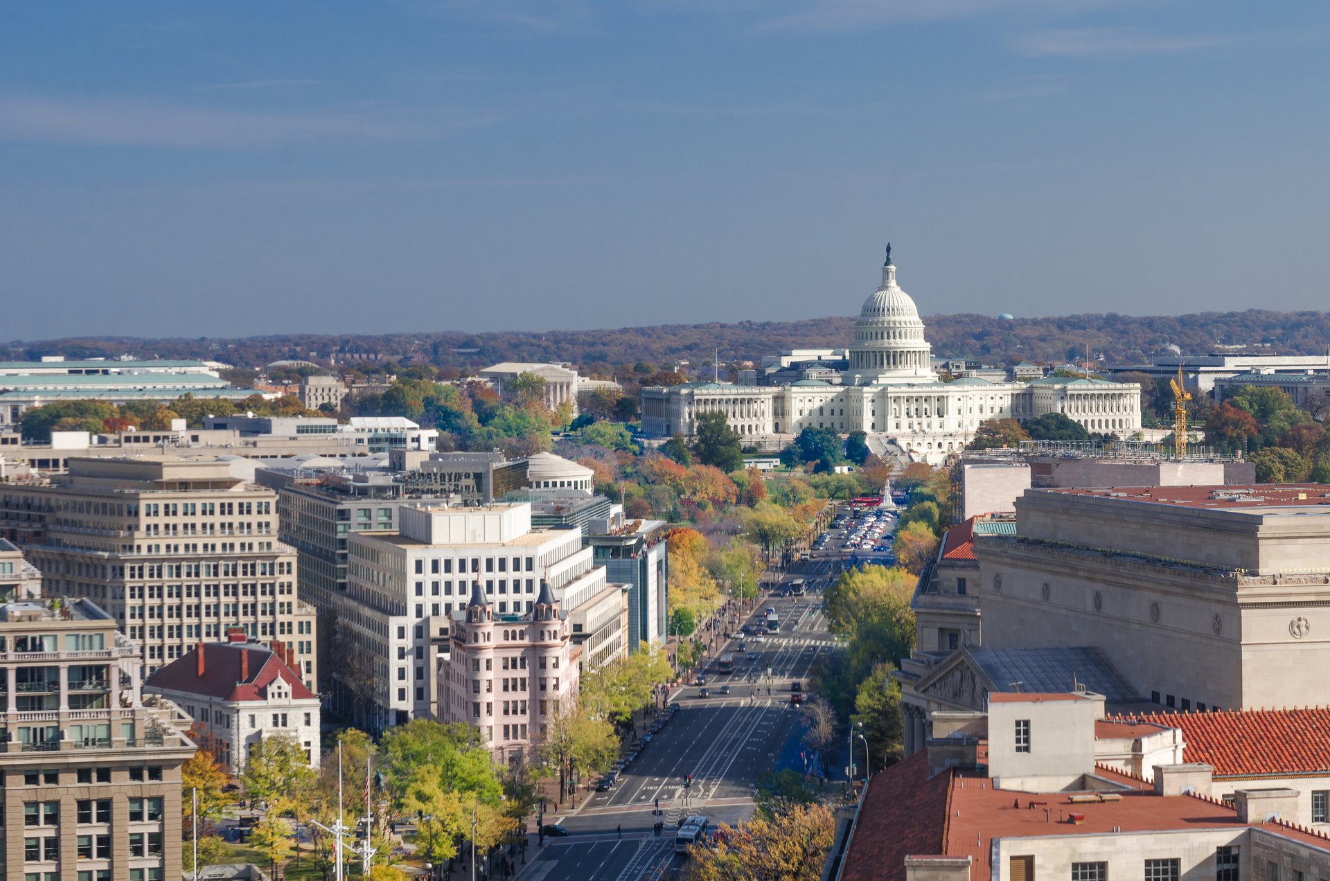 Aerial view of Pennsylvania Avenue and the U.S. Capitol in Washington, DC